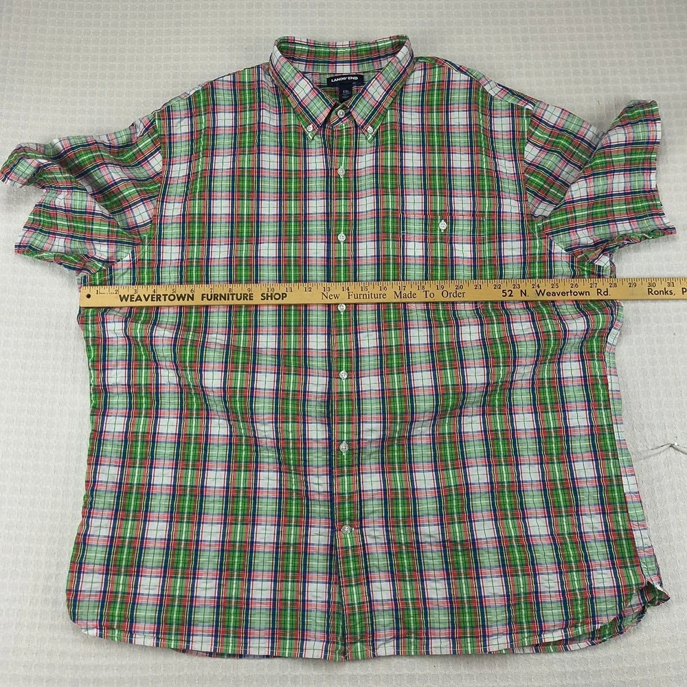 Lands End Men XXL Traditional Fit Short Sleeve Button Down Plaid Shirt Green Red